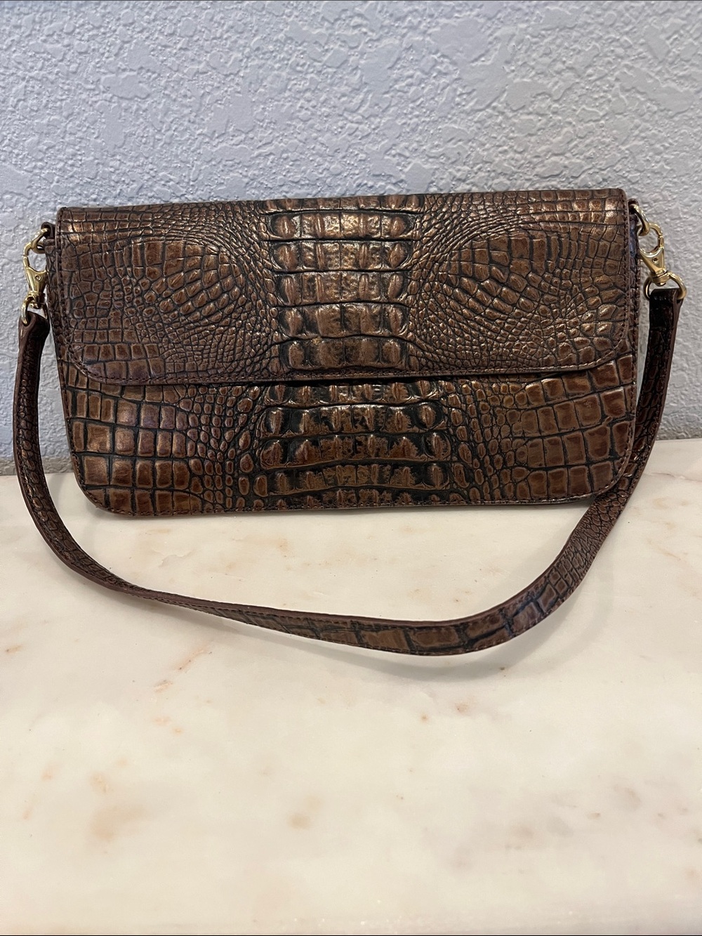 Brown Croc-Embossed Shoulder Clutch